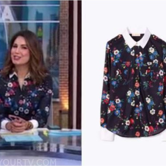 TORY BURCH Pansy Floral Print Button Down Shirt Contrast Collar - Picture 1 of 9